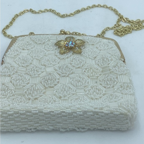 White Beaded Evening Bag with Gold Chain and Bejeweled  Flower - Picture 5 of 14